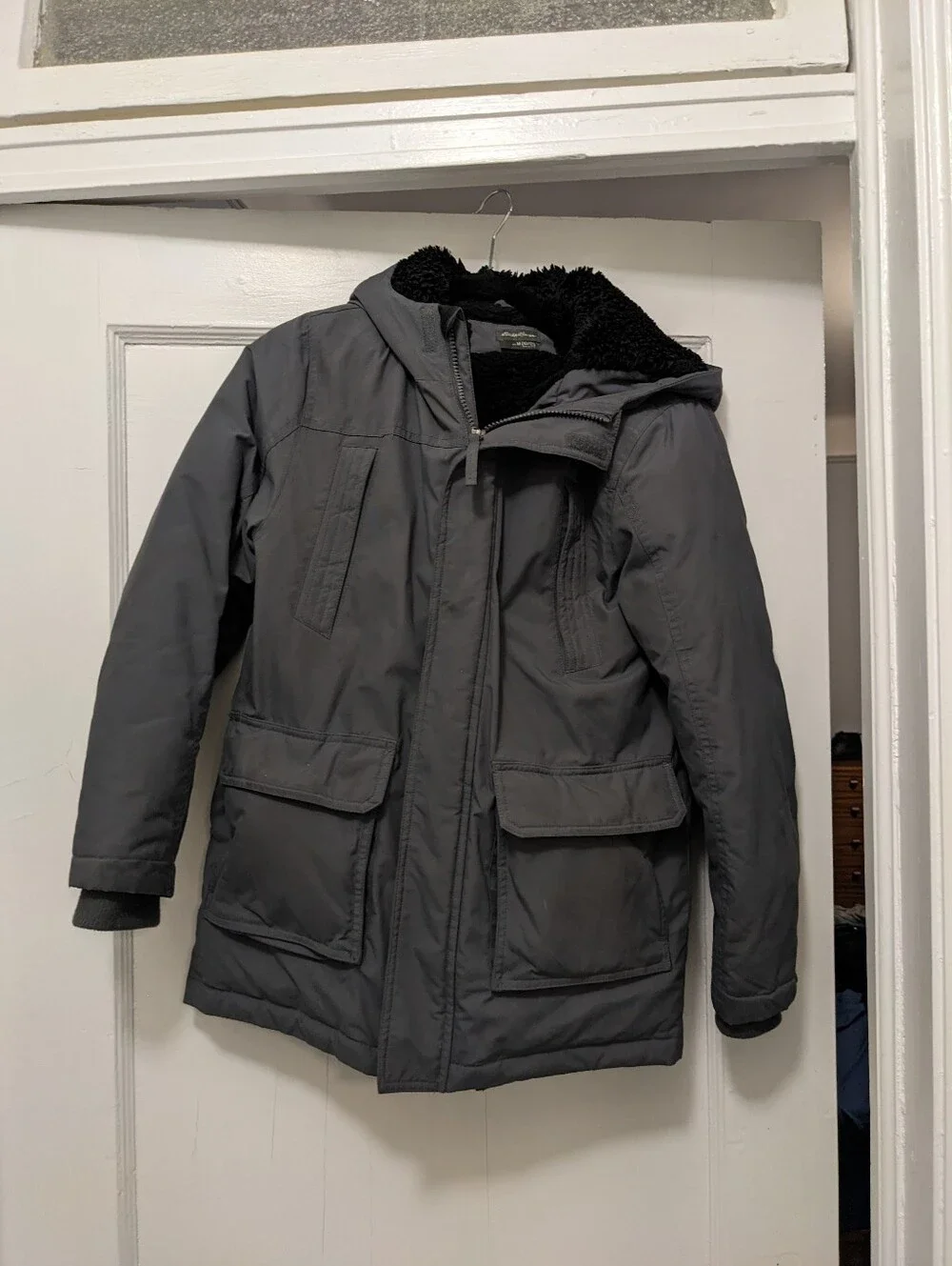 Eddie Bauer Boy's Hooded Puffer Parka in Charcoal with Removable Faux-Sherpa